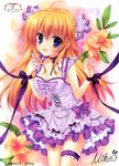  2011 :d absurdres ahoge artist_name blue_eyes breasts character_name choker cleavage dated dress flower highres long_hair mitha open_mouth orange_hair original ribbon_choker signature small_breasts smile solo thigh_strap 