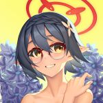  1girl ayane_(blue_archive) bare_shoulders black_hair blue_archive blush flower glasses hair_flower hair_ornament halo highres looking_at_viewer pointy_ears portrait red-framed_eyewear red_halo rotix short_hair smile solo upper_body yellow_background yellow_eyes 