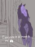 anthro bathtub big_butt butt canid canine chujin_(undertale_yellow) everyone_is_so_mean_to_me eyewear fox fur glasses gloves_(marking) grey_body grey_fur hair long_hair male mammal markings meme nude purple_hair signirsol solo tail text undertale_(series) undertale_yellow