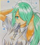  1girl absurdres armpits arms_behind_head arms_up black_ribbon blue_archive blush collared_shirt commentary_request dakkusu dress_shirt green_eyes green_hair hair_ornament hair_over_one_eye hair_ribbon hairclip halo highres hiyori_(blue_archive) long_hair looking_at_viewer marker_(medium) mouth_hold photo_(medium) ribbon shirt short_sleeves solo traditional_media tying_hair upper_body very_long_hair white_shirt 