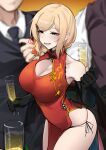  1girl 2boys absurdres alcohol black_gloves black_panties blonde_hair blurry blurry_background blush braid breasts chinese_clothes cleavage_cutout clothing_cutout cowboy_shot cup dress drinking_glass english_commentary gloves green_eyes hair_ornament hairclip highres holding holding_cup k0ng large_breasts long_hair lower_teeth_only multiple_boys open_mouth original panties red_dress side-tie_panties sleeveless sleeveless_dress solo_focus teeth thighhighs underwear wine_glass 