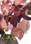 1girl animal_ear_fluff animal_ears animal_feet animal_hands bell black_thighhighs breasts cat_ears cat_girl cat_paws fang fate/grand_order fate_(series) highres japanese_clothes kimono large_breasts legs obi open_mouth red_kimono ringo2156 sash tamamo_(fate) tamamo_cat_(fate) tamamo_cat_(first_ascension)_(fate) teeth thighhighs thighs white_background 