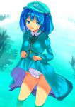  :d bad_id bad_pixiv_id blue_eyes blue_hair dress dress_lift hat kawashiro_nitori key open_mouth school_swimsuit short_hair smile solo swimsuit swimsuit_under_clothes touhou two_side_up wading water white_school_swimsuit white_swimsuit yaten 