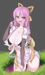  1girl blush breasts bridal_gauntlets collarbone cosplay cum cum_on_body cum_on_breasts cum_on_pussy duel_monster elbow_gloves gloves gransolfachord_coolia grass hand_in_hand_(vocaloid) hand_up highres large_breasts open_mouth purple_eyes purple_hair solo sweat tartarie traptrix_rafflesia traptrix_rafflesia_(cosplay) yu-gi-oh! 