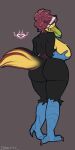 anthro avian avian_arms beak big_breasts big_butt bird black_body black_feathers blue_arms blue_legs breast_grab breasts butt feathers female grey_hair hair hand_on_breast hi_res looking_at_viewer miranda_(charliecorvinus) non-mammal_breasts raised_tail red_hair silv3rzonk solo tail tail_feathers tattoo thick_thighs toucan tramp_stamp