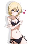  1girl absurdres bikini black_bikini blonde_hair blue_eyes blush braid breasts cleavage closed_mouth commentary covering_breasts covering_privates cowboy_shot darjeeling_(girls_und_panzer) girls_und_panzer groin halterneck heart highres looking_at_viewer medium_breasts motti_(motthi0711) navel shadow short_hair side-tie_bikini_bottom simple_background smile solo standing sweatdrop swimsuit tearing_up twin_braids white_background 
