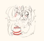 &lt;3 2022 2_horns anthro blush bugsnax cake dessert digital_media_(artwork) duo eyes_closed eyewear fangs female floofty_fizzlebean food glasses grumpus hair hand_on_arm happy holding_cake holding_food holding_object horn kissing_cheek nonbinary_(lore) plate shaibey sharp_teeth sketch standing teeth young_horses