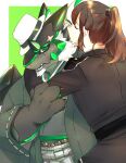 anthro black_body bone_color919 brown_hair clothing dragon duo embrace fedora female green_eyes hair hat headgear headwear hug human lifewonders live_a_hero male mammal phein ponytail short_stack size_difference suit white_hair