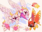  :d :o armor artist_name blue_background blush blush_stickers butterfly_wings commentary_request facing_away feathered_wings feathers from_behind galacta_knight gloves glowing glowing_eyes highres holding holding_polearm holding_shield holding_weapon horned_mask horns insect_wings kirby kirby_(series) lance looking_at_viewer mask morpho_knight multiple_views open_mouth orange_wings pauldrons pink_eyes polearm riding shield shoes shoulder_armor simple_background smile star_(symbol) tokuura twitter_username warp_star weapon white_background white_eyes white_footwear white_gloves white_wings wings yellow_footwear yellow_gloves yellow_horns 