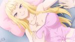  1girl ahoge bare_shoulders blonde_hair blue_eyes breasts breasts_apart collarbone dosanko_gyaru_wa_namaramenkoi fuyuki_minami grabbing grabbing_another&#039;s_breast grin jewelry keihh large_breasts long_hair looking_at_viewer lying necklace on_back paid_reward_available pillow pink_shirt pov pov_hands shirt signature smile solo_focus spaghetti_strap tied_shirt upper_body yellow_eyes 