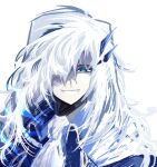  1boy argalia_(project_moon) ascot blue_eyes blue_jacket jacket library_of_ruina long_hair looking_at_viewer looperioo male_focus parted_lips portrait project_moon simple_background smile solo white_ascot white_background white_hair 