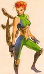  1girl angry bare_shoulders bengus bone boots capcom crop_top gloves green_eyes halterneck highres holding knee_boots knee_pads lips lipstick looking_at_viewer makeup marrow_(marvel) marrow_(x-men) marvel marvel_vs._capcom marvel_vs._capcom_2 marvel_vs_capcom marvel_vs_capcom_2 midriff mutant navel official_art orange_hair pants shirt short_hair simple_background solo spiked_hair standing superhero sword turtleneck weapon x-men 