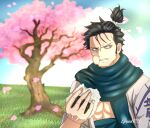  1boy abs absurdres artist_name black_hair cherry_blossoms commentary day eating efrain0793 food grass highres holding holding_food japanese_clothes male_focus one_piece onigiri outdoors ryuuma scar scar_on_face short_hair solo stitches teeth topknot tree 
