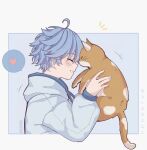  1boy ^_^ ahoge animal artist_name ayacchirin blue_background blue_hair blue_hoodie blush border cat character_name chongyun_(genshin_impact) closed_eyes commentary drawstring english_commentary genshin_impact hair_between_eyes hands_up heart highres holding holding_animal holding_cat hood hood_down hoodie long_sleeves male_focus notice_lines outside_border parted_lips profile puffy_long_sleeves puffy_sleeves short_hair sidelocks simple_background smile solo speech_bubble spoken_heart upper_body white_border 