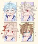  ! !! 1other 4boys :o aged_down ahoge animal_ear_fluff animal_ears antenna_hair aqua_eyes ayacchirin blonde_hair blue_eyes blue_hair blue_neckerchief blue_sailor_collar blue_shirt blush border brown_hair child chongyun_(genshin_impact) clenched_teeth closed_mouth commentary crossed_bangs dog_ears english_commentary eyeshadow fang frown genshin_impact gorou_(genshin_impact) grey_hair hair_between_eyes hand_on_another&#039;s_chin head_tilt heart highres kaedehara_kazuha long_hair looking_at_viewer low_ponytail makeup male_focus multicolored_hair multiple_boys neckerchief notice_lines one_eye_closed open_mouth outside_border ponytail razor_(genshin_impact) red_eyes red_eyeshadow red_hair sailor_collar shirt short_hair sidelocks sparkle streaked_hair sweatdrop tearing_up teeth v-shaped_eyebrows white_hair yellow_border 