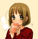  blush brown_hair copyright_request green_eyes looking_at_viewer piyodera_mucha short_hair solo sweater 
