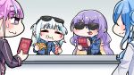  black_necktie blue_hair colored_inner_hair commentary_request cup disposable_cup drinking_straw eating food food_on_face gawr_gura gradient_background highres holding holding_food holding_pizza holding_strap hololive hololive_english hololive_indonesia hoshimachi_suisei komainu_channel minato_aqua moona_hoshinova multicolored_hair necktie nervous one_side_up orange_hair passport pink_eyes pink_hair pizza purple_hair security_guard streaked_hair sunglasses sweatdrop two-tone_hair two_side_up v-shaped_eyebrows virtual_youtuber white_hair 