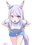  1girl animal_ears aqua_bow artist_name blue_shorts blush bow breasts commentary_request cowboy_shot ear_bow hands_on_own_hips highres horse_ears horse_girl horse_tail long_hair mejiro_mcqueen_(umamusume) open_mouth original_race_uniform_(umamusume) puffy_short_sleeves puffy_sleeves purple_eyes purple_hair shirt short_sleeves shorts simple_background small_breasts solo t2r tail umamusume v-shaped_eyebrows white_background white_shirt 