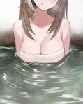  1girl areola_slip black_hair breast_lift breasts brown_hair collarbone hair_down head_out_of_frame highres hololive hololive_english large_breasts licking_lips long_hair multicolored_hair naked_towel nanashi_mumei onsen partially_submerged sitting smile solo streaked_hair tongue tongue_out towel unmeidesu wet wet_hair white_hair 