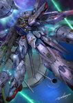  commentary_request denjyou23 energy_gun finger_on_trigger funnels_(gundam) genesis_(gundam) glowing glowing_eye gun gundam gundam_seed highres holding holding_gun holding_weapon laser legs_apart looking_to_the_side mecha mobile_suit motion_blur no_humans providence_gundam robot science_fiction signature solo space turning_head v-fin weapon 