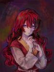  1girl akatsuki_no_yona bad_id bad_twitter_id belt commentary_request cowboy_shot hair_between_eyes korean_commentary long_hair long_sleeves looking_to_the_side pink_belt purple_eyes red_hair simple_background solo upper_body yona_(akatsuki_no_yona) yona_hyeon 