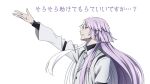  1boy bungou_stray_dogs long_sleeves mari_(marimaripink) necktie outstretched_arm pocket purple_hair shirt sigma_(bungou_stray_dogs) solo upper_body white_background white_hair white_necktie white_shirt 