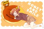  blush brown_hair closed_eyes copyright_request heart lying open_mouth piyodera_mucha skirt smile solo 