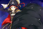  adjusting_clothes adjusting_hat belt blue_eyes cravat epaulettes hair_ornament hairclip hat hat_feather katou_marika long_hair miniskirt_pirates pirate pirate_hat red_hair skull_and_crossbones sky smile solo star_(sky) starry_sky yamatoba 