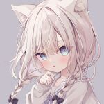  1girl animal_ear_fluff animal_ears black_bow blue_eyes blue_neckerchief bow braid brown_hair commentary_request grey_background grey_sweater hair_between_eyes hair_bow hand_up highres hoshi_(snacherubi) long_hair long_sleeves looking_at_viewer neckerchief original parted_lips puffy_long_sleeves puffy_sleeves sailor_collar school_uniform serafuku simple_background sleeves_past_wrists solo sweater twin_braids upper_body white_sailor_collar 