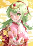 1girl 2024 alternate_costume blush breasts chinese_zodiac closed_mouth english_text fire_emblem fire_emblem_awakening floral_print floral_print_kimono green_eyes green_hair hair_between_eyes hair_ornament hair_ribbon hand_on_own_chest happy_new_year highres japanese_clothes kimono lips long_hair looking_at_viewer medium_breasts mixed-language_commentary nengajou new_year one_eye_closed pink_kimono pink_lips pointy_ears ponytail print_kimono red_ribbon ribbon ryoku_illus sidelocks smile solo tiki_(adult)_(fire_emblem) tiki_(fire_emblem) wide_sleeves year_of_the_dragon yellow_background 