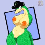 absurd_res anthro areola breasts clothing eyelashes female genitals hat headgear headwear hi_res looking_at_viewer lucy_swallows omegamax orange_areola pussy reptile scales scalie simple_background snake tagme white_sclera