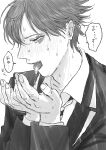  ace_trappola after_fellatio blush crying crying_with_eyes_open cu_ma_o cum cum_in_mouth cupping_hands ear_blush facial_mark full-face_blush hair_between_eyes heart heart_facial_mark highres humiliation monochrome night_raven_college_uniform own_hands_together saliva snot spitting_cum tears twisted_wonderland 