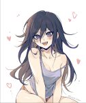  1girl black_hair blush breasts covered_nipples danganronpa_(series) danganronpa_v3:_killing_harmony ewa_(seraphhuiyu) genderswap genderswap_(mtf) hair_between_eyes heart highres long_hair looking_at_viewer medium_breasts multicolored_hair off_shoulder oma_kokichi open_mouth panties purple_eyes purple_hair simple_background solo striped_clothes striped_panties sweat tank_top twitter_username underwear white_background 