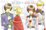  3boys audrey_burne bad_id bad_pixiv_id banagher_links blonde_hair blue_eyes brown_eyes brown_hair cape dual_persona earth_federation green_eyes gundam gundam_unicorn logo military military_uniform multiple_boys orange_hair redpipin riddhe_marcenas toggles uniform zeon 