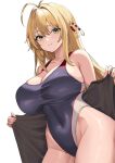  1girl akahara_tyun antenna_hair blonde_hair blue_one-piece_swimsuit breasts cleavage competition_swimsuit green_eyes holding holding_towel large_breasts long_hair one-piece_swimsuit solo swimsuit thighs towel tsurumaki_maki voiceroid 