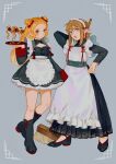  1boy 1girl :o alternate_costume apron black_dress black_footwear blonde_hair blush_stickers breasts broom cleavage closed_mouth crossdressing double_bun dress enmaided glass grey_background hair_bun hair_ribbon highres holding holding_tray link long_sleeves maid maid_apron male_maid medium_breasts pointy_ears princess_zelda red_ribbon ribbon short_dress simple_background teeth the_legend_of_zelda tray turippy upper_teeth_only white_apron 