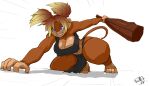 action_pose anthro blonde_hair blue_eyes breasts brown_body brown_fur clothed clothing club_(weapon) female fur hair hairless_belly hairless_breasts hairless_feet hairless_hands haplorhine hi_res mammal melee_weapon monkey motion_lines ninjabunneh pose primate shonuff simple_background solo weapon white_background