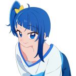  1girl blue_eyes blue_hair breasts downblouse himokawa_udon hirogaru_sky!_precure long_hair looking_at_viewer medium_hair nipples precure shirt side_ponytail simple_background single_sidelock small_breasts smile solo sora_harewataru upper_body white_background 