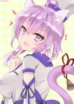  1girl ahoge alternate_costume animal_ear_fluff animal_ears ashibe_h bell breasts cat_ears cat_girl cat_tail hair_between_eyes hat heart highres hololive large_breasts looking_at_viewer nekomata_okayu open_mouth purple_eyes purple_hair ribbon shirt short_hair smile solo tail tail_bell tail_ornament tail_ribbon upper_body virtual_youtuber 