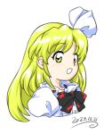  1girl 2023 :d black_bow black_bowtie blonde_hair bow bowtie dated hair_ribbon kurumi_(touhou) long_hair nonamejd official_style puffy_sleeves ribbon simple_background smile solo touhou touhou_(pc-98) upper_body white_background white_ribbon yellow_eyes zun_(style) 