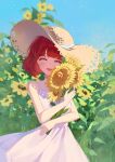 1girl absurdres arima_kana blue_sky bob_cut closed_eyes dress flower hat highres holding holding_flower inverted_bob open_mouth oshi_no_ko red_hair short_hair sky smile solo sunflower white_dress xiang_yu_pai 