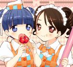  :t blue_eyes blue_hair blush brown_eyes brown_hair copyright_request double_bun drill_hair eating food food_on_face hat maid_headdress multiple_girls open_mouth piyodera_mucha twin_drills twintails 