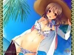  bikini blue_sky bow bowtie breasts brown_eyes brown_hair cleavage day dress_shirt dutch_angle floral_print groin halterneck hat highres kunai_uri kusakabe_miharu looking_at_viewer medium_breasts navel necktie open_clothes open_shirt palm_tree print_bikini shirt side-tie_bikini sky smile solo straw_hat sucre swimsuit swimsuit_pull tree wallpaper water 