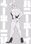  1boy alternate_costume animal_ears ass back_muscles bara bare_back blush crossdressing facial_hair from_behind greyscale high_heels highres leotard male_focus male_playboy_bunny mature_male medium_sideburns monochrome muscular muscular_male one_piece pectorals rabbit_ears rabbit_tail short_hair sideburns_stubble sidepec smoker_(one_piece) solo sparse_leg_hair sparse_stubble standing stubble tail thighs tsurime veiny_face wol_1014 