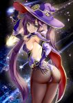  1girl ass backless_outfit breasts cape cowboy_shot fii_fii_(feefeeowo) from_behind genshin_impact gloves green_eyes hand_on_own_ass hat highres leotard long_hair looking_at_viewer medium_breasts mona_(genshin_impact) pantyhose purple_hair sideboob solo starry_background twintails very_long_hair witch_hat 