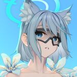  1girl animal_ear_fluff animal_ears bare_shoulders blue_archive blue_eyes cross_hair_ornament extra_ears flower goggles grey_hair hair_ornament halo highres looking_at_viewer medium_hair mismatched_pupils parted_lips portrait rotix shiroko_(blue_archive) simple_background solo upper_body white_flower wolf_ears 
