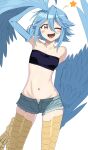  1girl ahoge arutimettomugi bare_shoulders bird_legs black_tube_top blue_feathers blue_hair blue_wings blush breasts commentary_request denim denim_shorts feathered_wings feathers hair_between_eyes harpy monster_girl monster_musume_no_iru_nichijou navel one_eye_closed open_fly open_mouth panties panty_peek papi_(monster_musume) scales short_hair short_shorts shorts sidelocks simple_background small_breasts solo star_(symbol) strapless teeth tube_top underwear upper_teeth_only white_background winged_arms wings yellow_eyes 