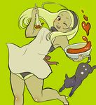  ahoge animal apron bad_id bad_pixiv_id bare_legs bare_shoulders black_cat blonde_hair blush bowl cat cooking dress dusty_(gravity_daze) gravity_daze high_heels huge_ahoge kitten_(gravity_daze) leaning_back long_hair one_eye_closed red_eyes shoes simple_background solo spatula strapless strapless_dress tati 