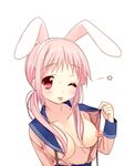  :p ;p animal_ears blush breasts bunny_ears copyright_request highres long_hair looking_at_viewer medium_breasts nipples one_eye_closed open_clothes open_shirt piyodera_mucha shirt simple_background smile solo tongue tongue_out white_background 