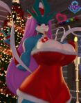 &lt;3 3d_(artwork) absurd_res anthro big_breasts blep breasts candle christmas christmas_clothing christmas_tree cleavage clothed clothing digital_media_(artwork) female generation_2_pokemon hair hi_res holidays legendary_pokemon lit_candle nintendo plant pokemon pokemon_(species) pupils purple_hair solo suicune thick_thighs tongue tongue_out tree wide_hips window xlkev